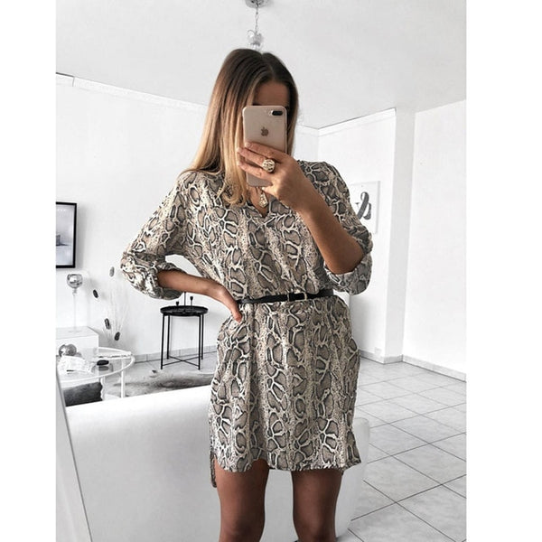 Women's Spring Sexy Leopard Dress Snake Print Striped Long Sleeve V-neck Feminine