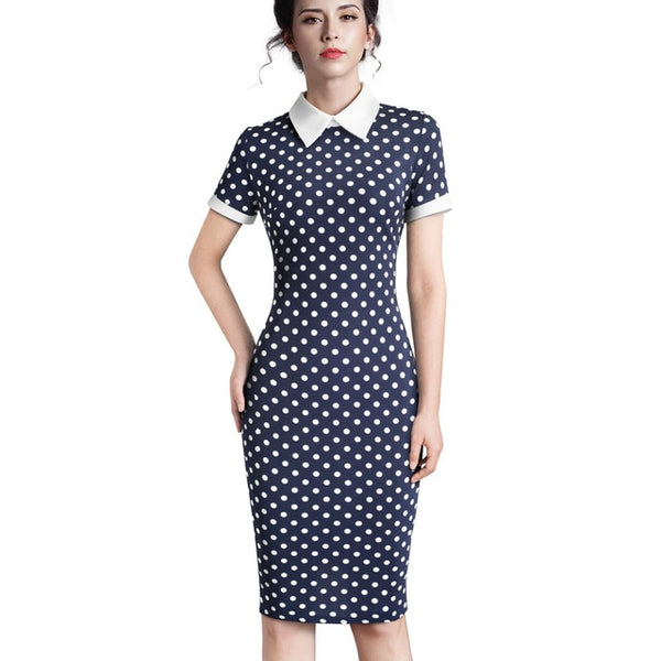 Nice-forever Career Women Autumn Turn-down Collar Fit Work Dress Vintage Elegant Business office Pencil bodycon Midi Dress 751