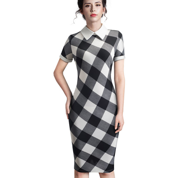 Nice-forever Career Women Autumn Turn-down Collar Fit Work Dress Vintage Elegant Business office Pencil bodycon Midi Dress 751