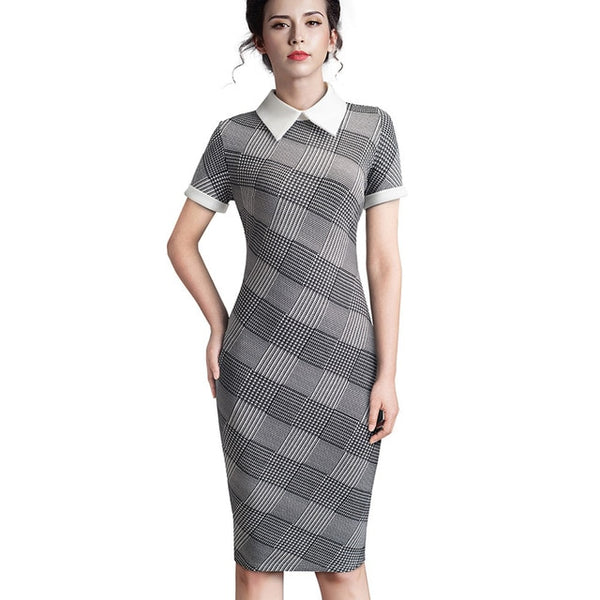 Nice-forever Career Women Autumn Turn-down Collar Fit Work Dress Vintage Elegant Business office Pencil bodycon Midi Dress 751