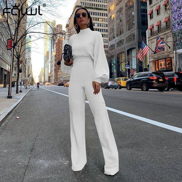 FQLWL Casual Wide Leg Summer Bodycon Jumpsuit Women 2019 Overalls Long Sleeve White Black Skinny Rompers Womens Jumpsuit Female