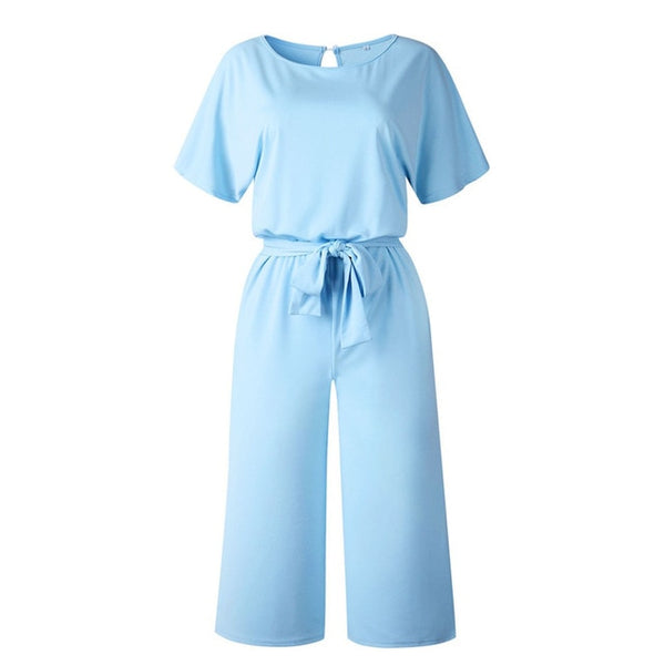 Women Cotton Bandage Jumpsuit Summer Fashion 2019 Short Sleeve Playsuits Clubwear Straight Leg With Belt Overalls Bodycon Ladies