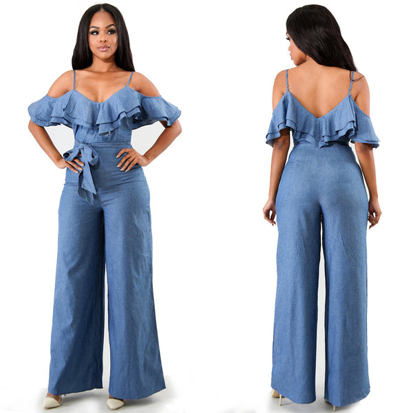 Hot sale Europe and the United States women s wear belt low cut wide legged jumpsuits jumpsuit0224